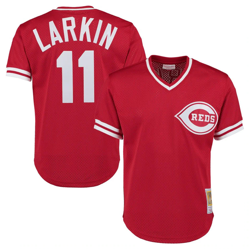 Cincinnati Reds #11 Barry Larkin Player Red HOLBERT Mitchell & Ness Throwback Cooperstown Mesh T-shirt Game Stitched Jerseys
