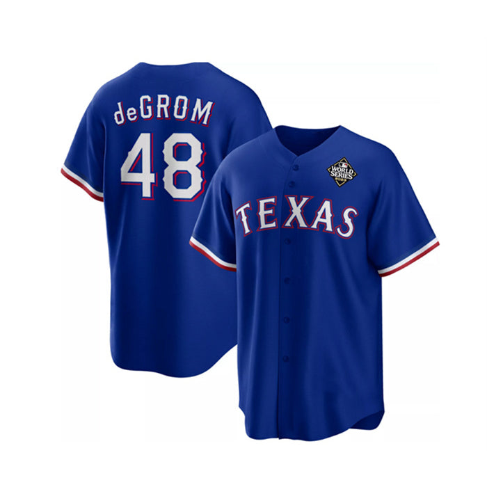 Texas Rangers #48 Jacob DeGrom Royal HOLBERT 2023 World Series Cool Base Stitched Jersey