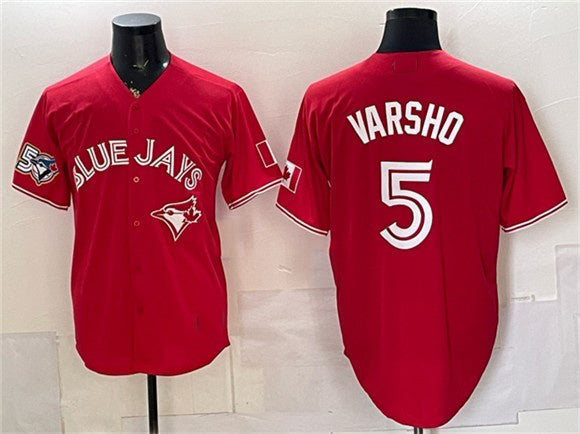 Toronto Blue Jays #5 Daulton Varsho Red HOLBERT 50 Seasons Patch Stitched Jersey