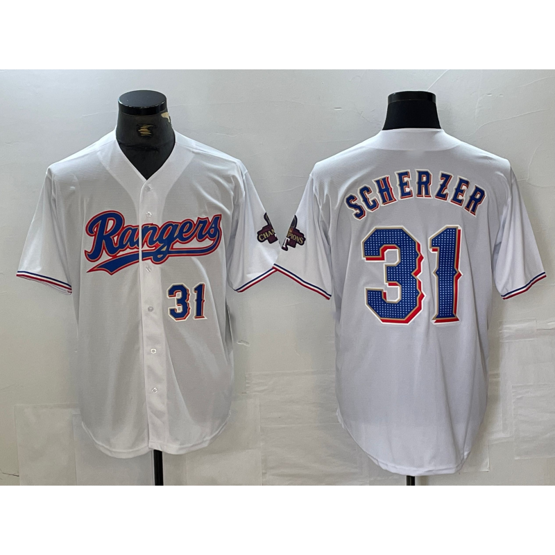 Texas Rangers #31 Max Scherzer Number White HOLBERT 2023 World Series Champions Cool Base Jerseys
