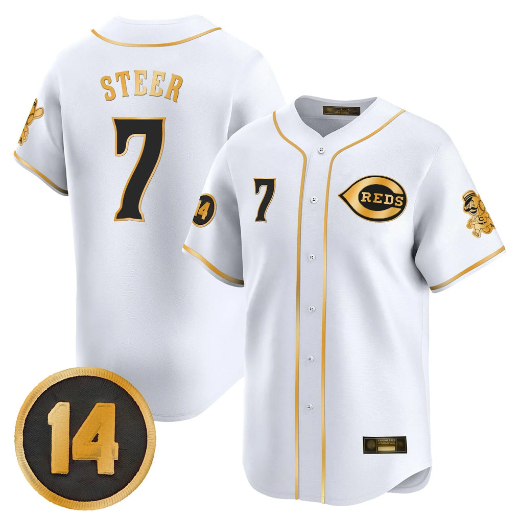 Cincinnati Reds #7 Spencer Steer Player White-Gold HOLBERT Vapor Premier Limited Home Stitched Jerseys