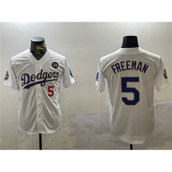 Los Angeles Dodgers #5 Freddie Freeman White Gold HOLBERT 2024 World Series With No. 34 Patch Home Limited Stitched Jersey