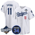 Los Angeles Dodgers #11 R¨­ki Sasaki White HOLBERT 2025 World Series With No. 34 Patch Limited Stitched Jersey