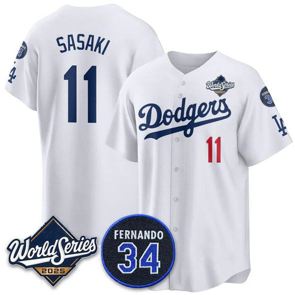 Los Angeles Dodgers #11 R¨­ki Sasaki White HOLBERT 2025 World Series With No. 34 Patch Limited Stitched Jersey