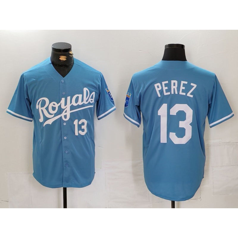Kansas City Royals #13 Salvador Perez Number Light Blue HOLBERT Cool Base Stitched Jersey