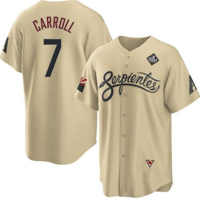 Arizona Diamondbacks #7 Corbin Carroll Gold HOLBERT 2023 World Series City Connect Cool Base Stitched Jersey