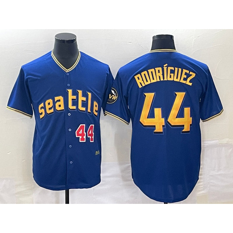 Seattle Mariners #44 Julio Rodriguez Number Blue HOLBERT 2023 City Connect Cool Base Stitched Jersey 1