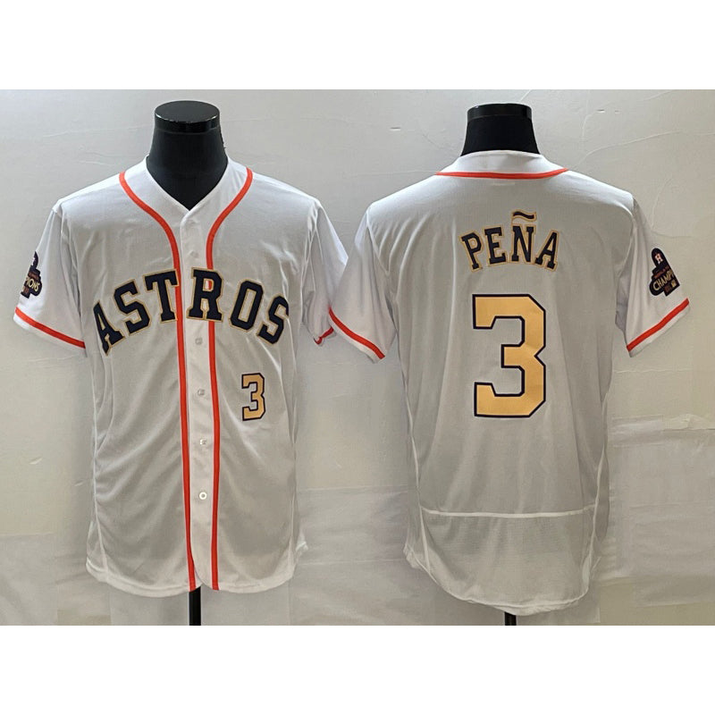 Houston Astros #3 Jeremy Pena Number 2023 White Gold HOLBERT World Serise Champions Patch Flex Base Stitched Jersey 2