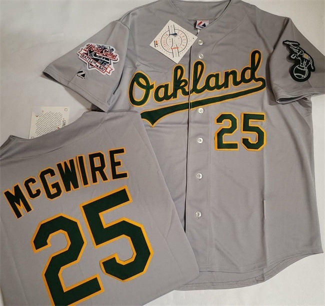Oakland Athletics #25 Mark McGwire Grey With Green HOLBERT Elephant & 1989 World Series Patch Battle of the Bay Stitched Jersey
