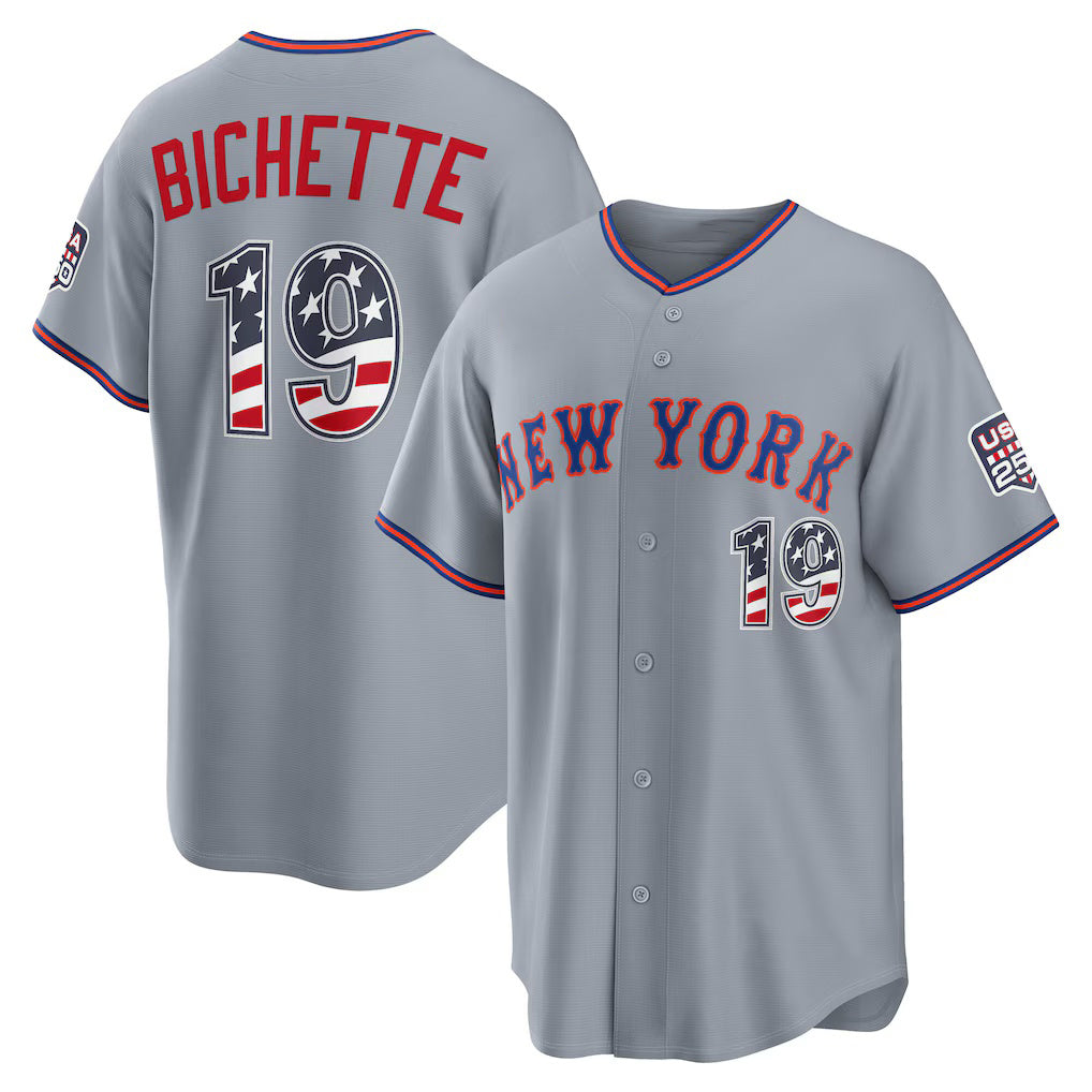 New York Mets #19 Bo Bichette USA 250 Fourth of July Road Stadium Jersey - Gray HOLBERT