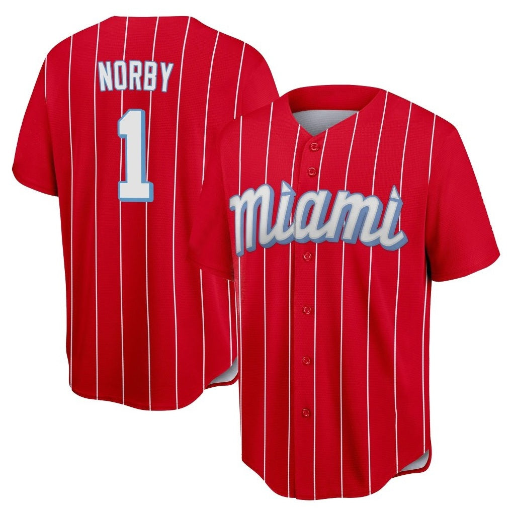 Miami Marlins #1 Connor Norby Player Red HOLBERT City Connect Home Game Stitched Jerseys