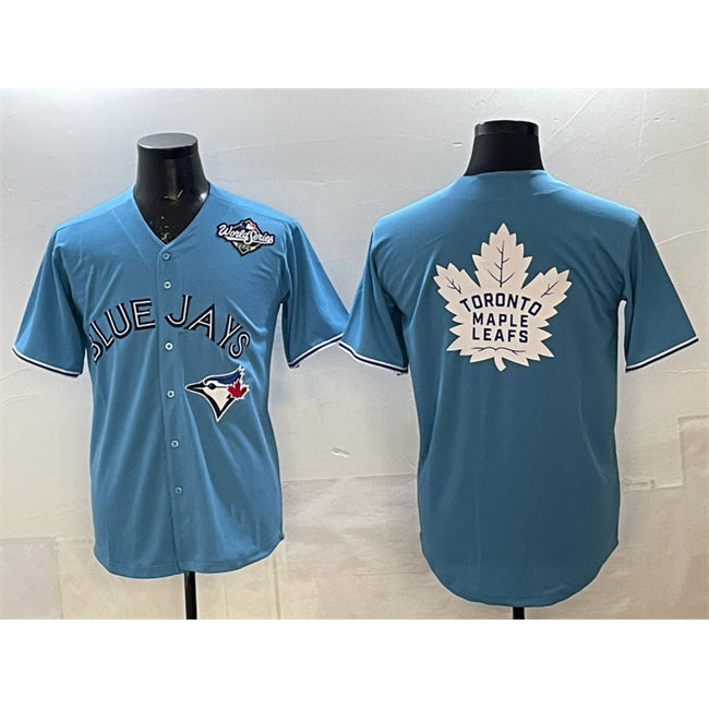 Toronto Blue Jays & Leafs Blue HOLBERT 2025 World Series With White Leafs Logo Cool Base Stitched Jersey