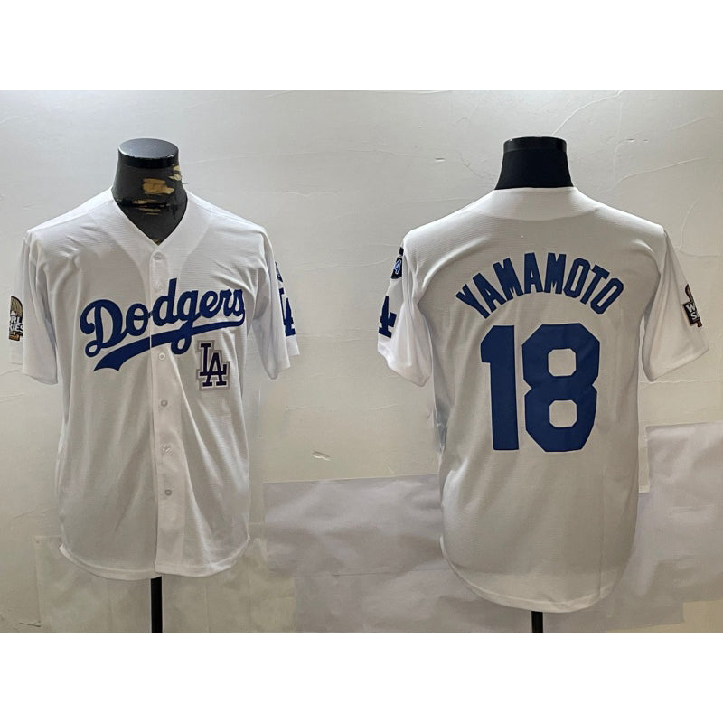 Los Angeles Dodgers #18 Yoshinobu Yamamoto White HOLBERT 2024 World Series With Fernando Memorial Patch Home Limited Stitched Jersey