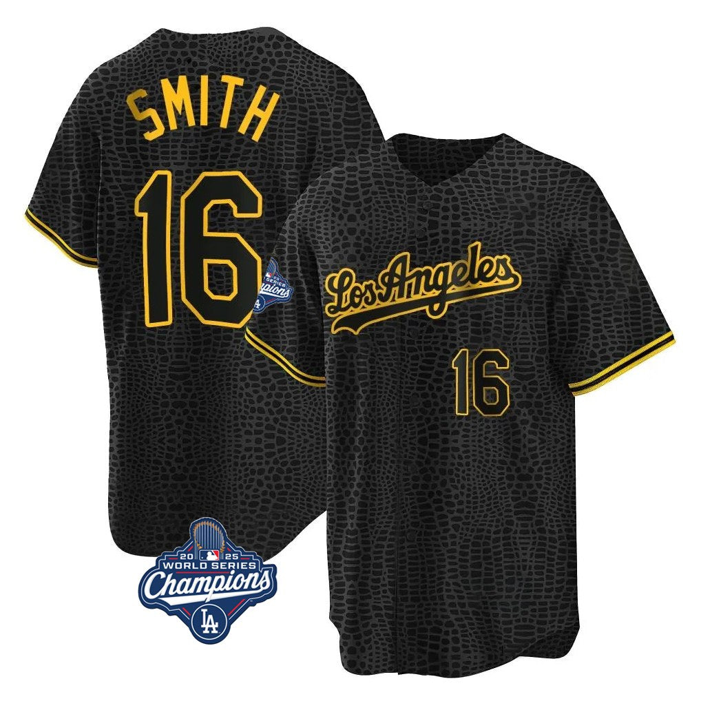 Los Angeles Dodgers #16 Will Smith Player Black HOLBERT World Series Meet Snake Skin City Game Home Stitched Jerseys