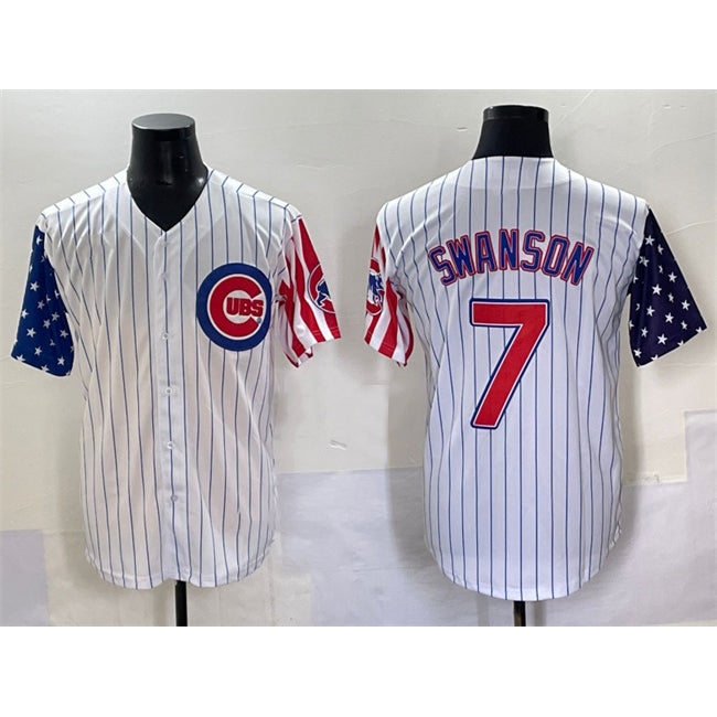 Chicago Cubs #7 Dansby Swanson White HOLBERT Pinstripe 2025 Independence Day Vapor Premier Limited Stitched Jersey