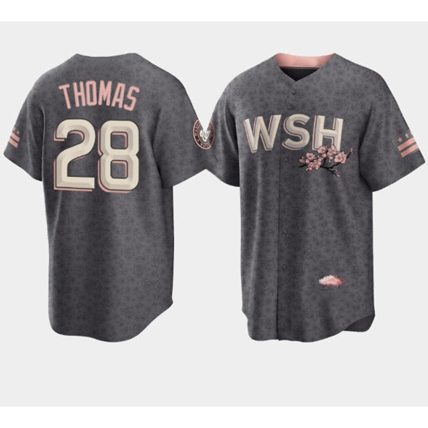 Washington Nationals #28 Lane Thomas 2022 Grey HOLBERT City Connect Cherry Blossom Cool Base Stitched Jersey
