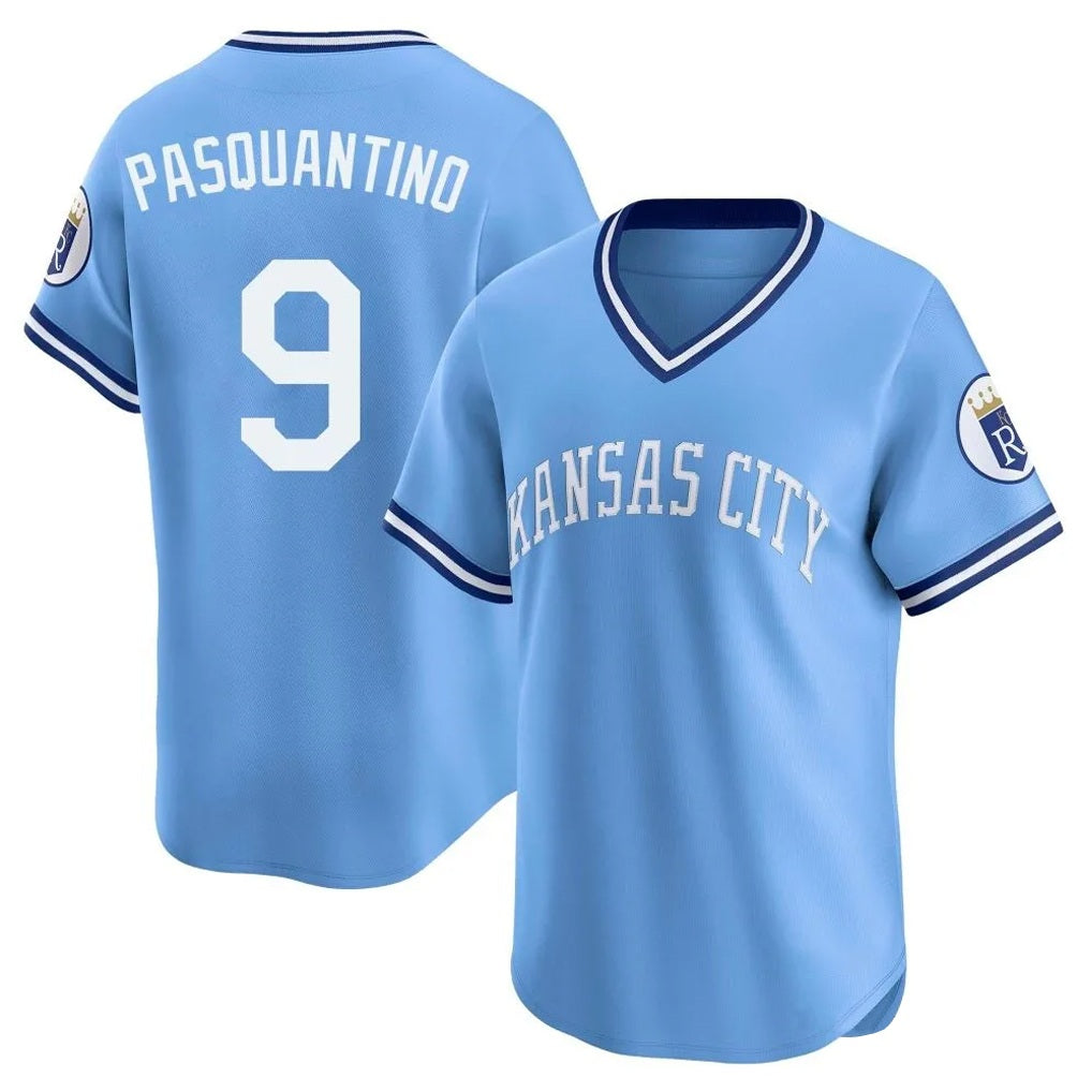 Kansas City Royals #9 Vinnie Pasquantino Player Light Blue HOLBERT Limited Throwback Cooperstown Collection T-shirt Stitched Jerseys