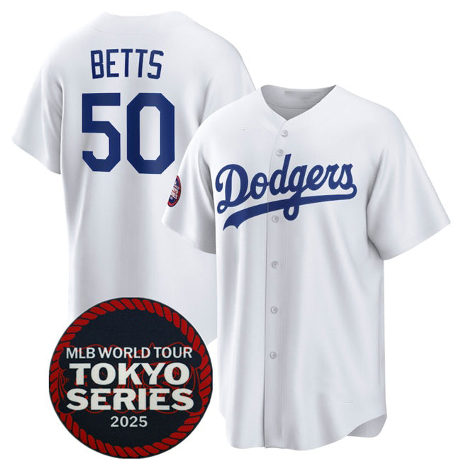 Los Angeles Dodgers #50 Mookie Betts White HOLBERT 2025 World Tour Tokyo Series Home Stitched Jersey