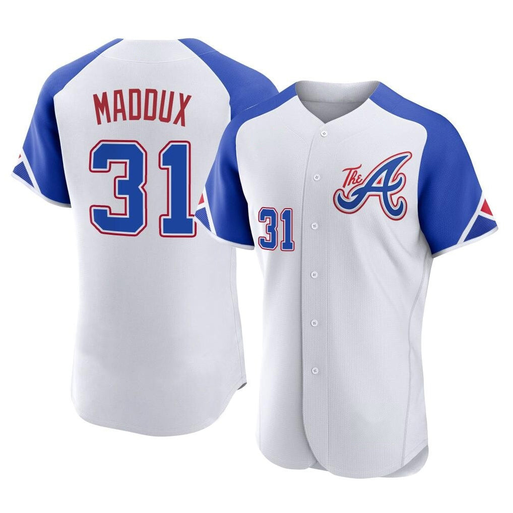 Atlanta Braves #31 Greg Maddux Player White HOLBERT City Connect Limited Elite Home Game Stitched Jerseys