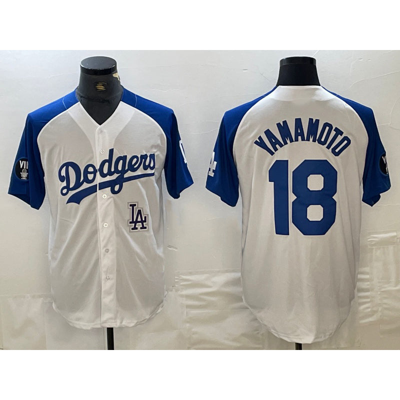 Los Angeles Dodgers #18 Yoshinobu Yamamoto White Blue HOLBERT Fashion Stitched Cool Base Limited Jersey 2