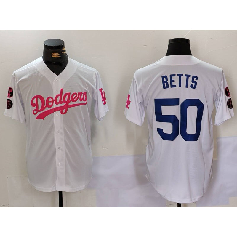 Los Angeles Dodgers #50 Mookie Betts White Pink HOLBERT Vin & Kobe Patch Stitched Jersey1