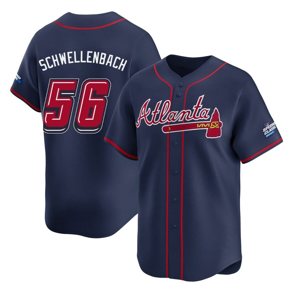 Atlanta Braves #56 Spencer Schwellenbach Player Navy HOLBERT 2025 Speedway Classic Home Game Stitched Jerseys