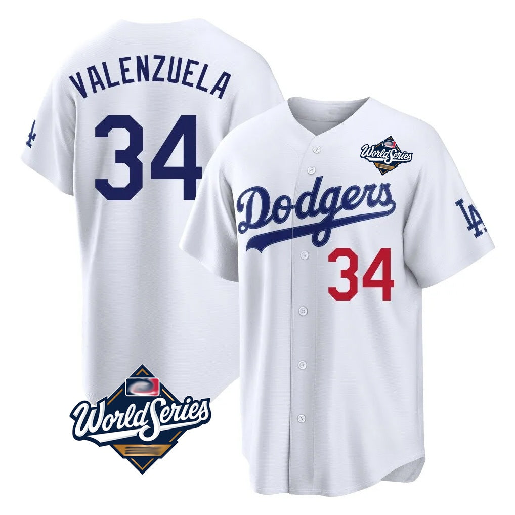 Los Angeles Dodgers #34 Fernando Valenzuela Player White HOLBERT World Series Home Game Stitched Jerseys