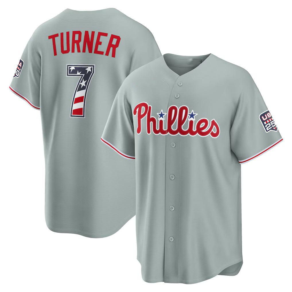 Philadelphia Phillies #7 Trea Turner USA 250 Fourth of July Road Stadium Jersey - Gray HOLBERT