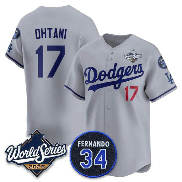 Los Angeles Dodgers #17 Shohei Ohtani Gray HOLBERT 2025 World Series With No. 34 Patch Limited Stitched Jersey