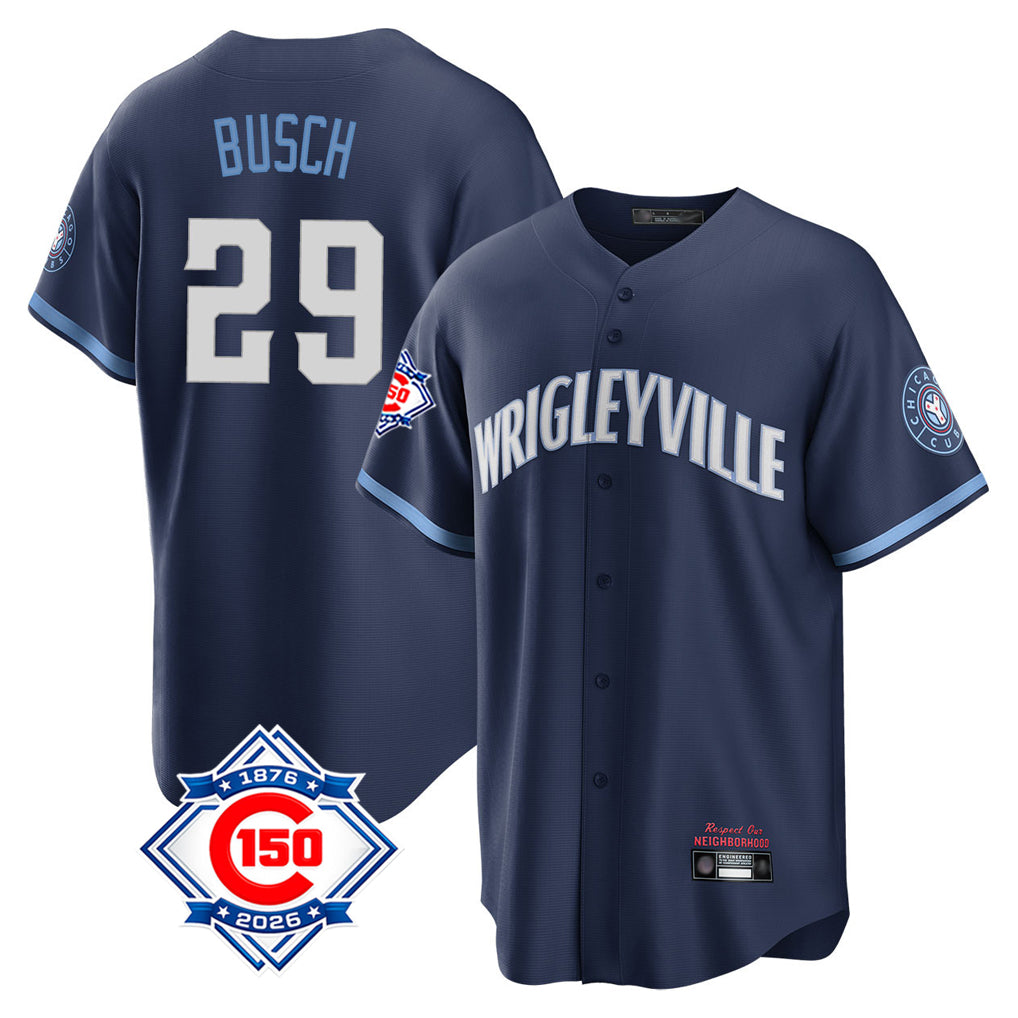 Chicago Cubs #29 Michael Busch Player Navy HOLBERT 150th Anniversary City Connect Home Game Stitched Jerseys