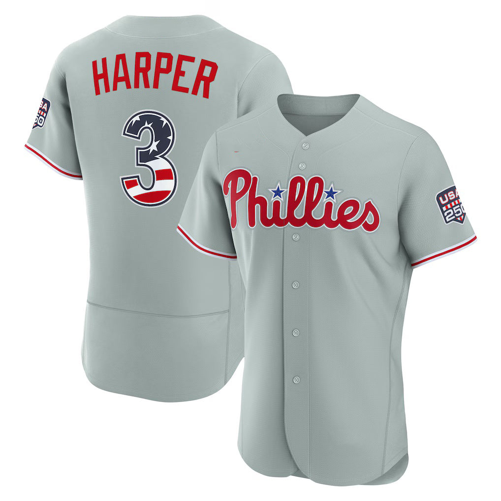 Philadelphia Phillies #3 Bryce Harper USA 250 Fourth of July Road Authentic Jersey - Gray HOLBERT