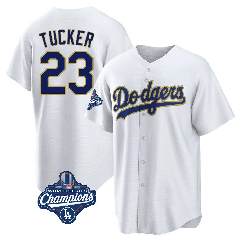 Los Angeles Dodgers #23 Kyle Tucker Player Gold White HOLBERT World Series Meet 2026 Collection Stadium Game Stitched Jerseys