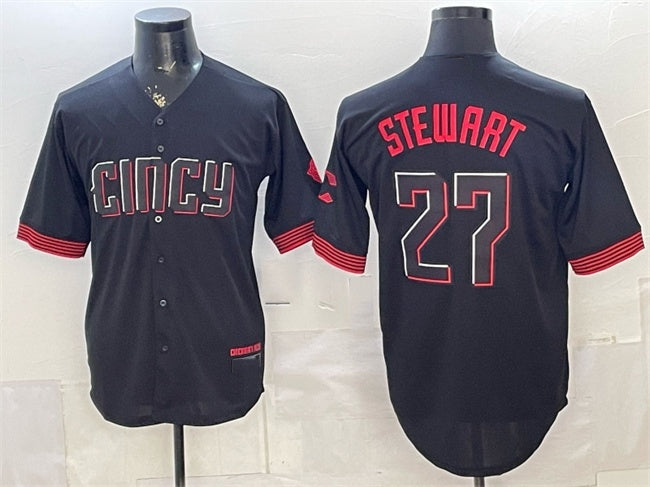 Cincinnati Reds #27 Sal Stewart Black HOLBERT City Connect Cool Base Stitched Jersey
