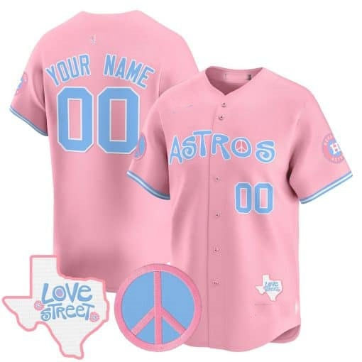 Custom Houston Astros  Love Street & Peace Sign Patch Bubblegum Pink HOLBERT Vapor Premier Limited Jersey ¨C All Stitched