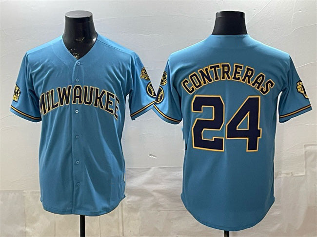 Milwaukee Brewers #24 William Contreras Blue HOLBERT With Home & Bob Uecker Patch Stitched Jersey