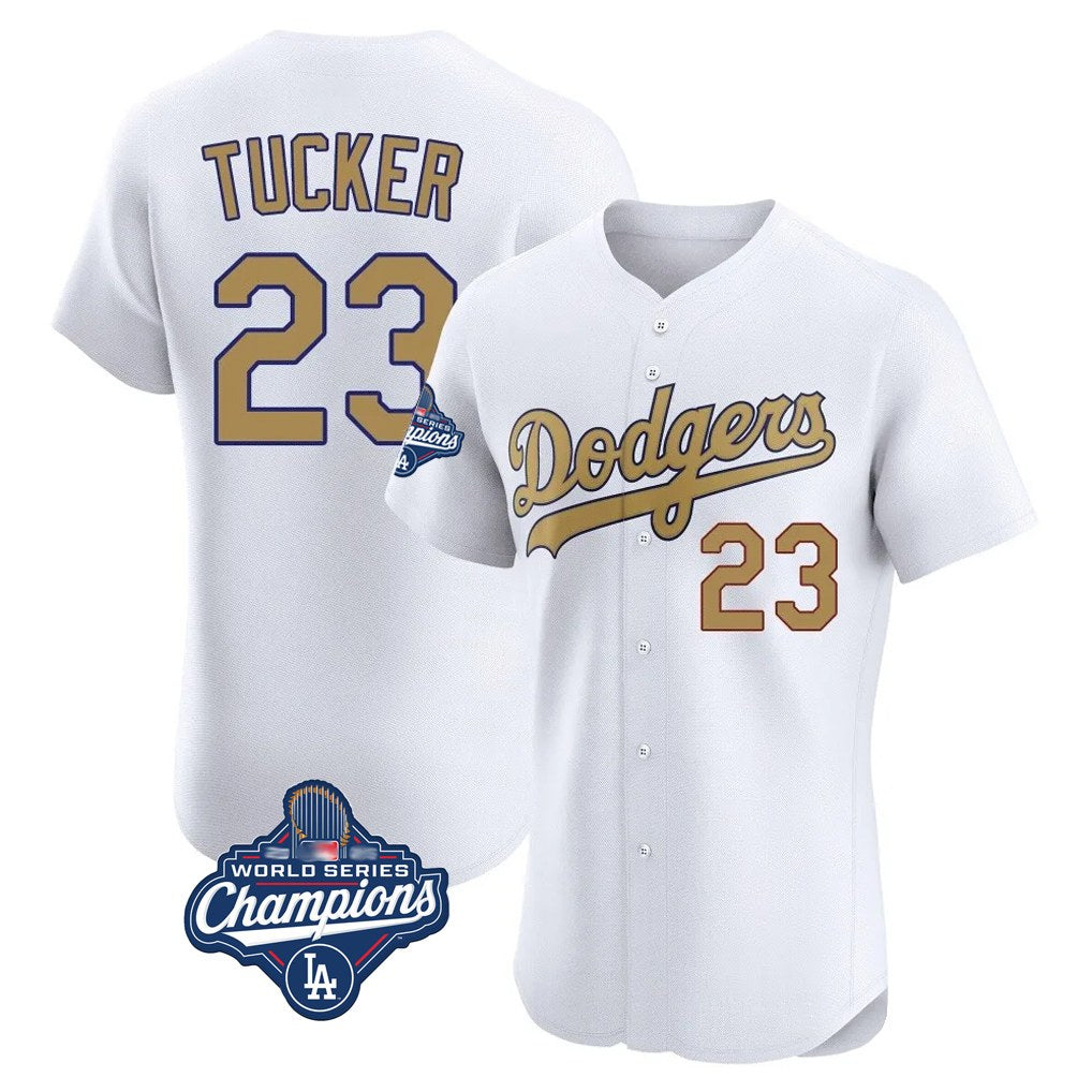 Los Angeles Dodgers #23 Kyle Tucker Player White Gold HOLBERT World Series Meet Limited Elite Home Stitched Jerseys