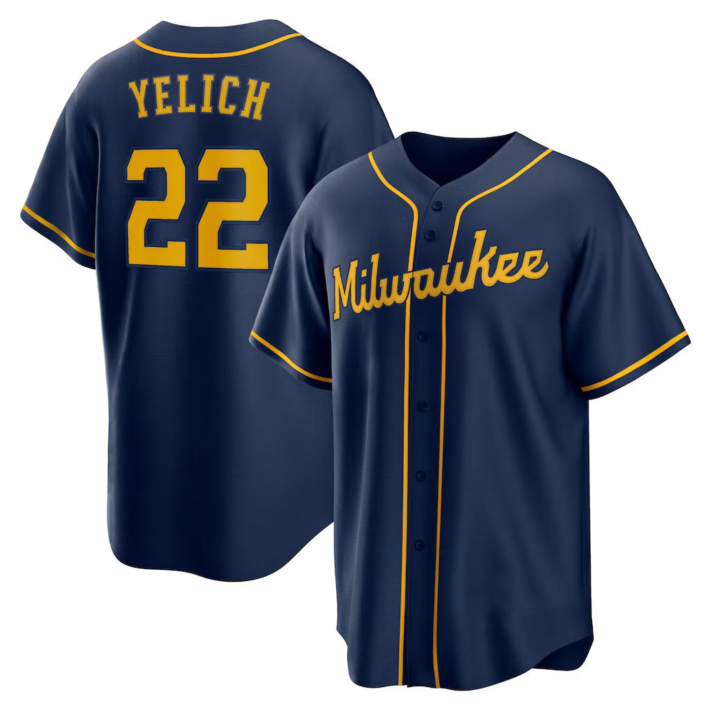 Milwaukee Brewers #22 Christian Yelich Navy HOLBERT Alternate 2 Replica Jersey