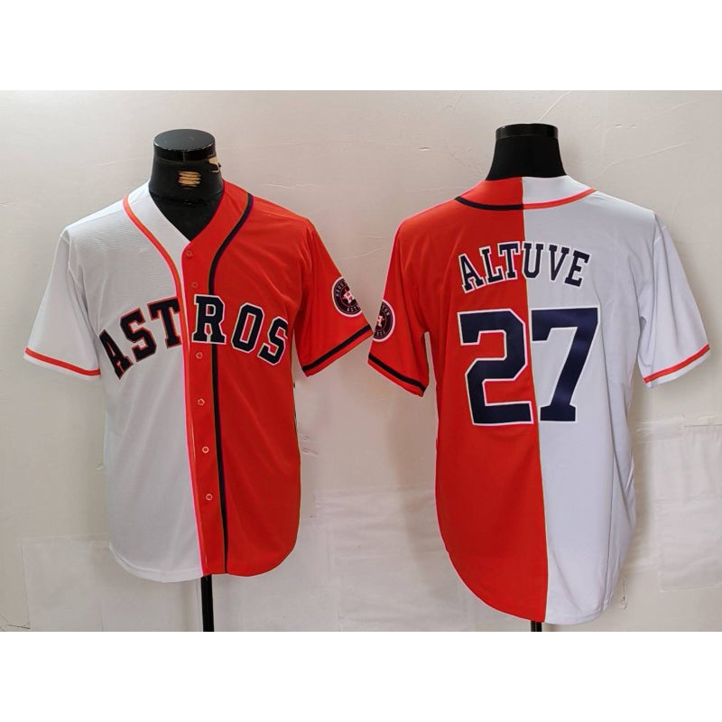 Houston Astros #27 Jose Altuve White Orange HOLBERT Blue Number Split Stitched Jersey 2