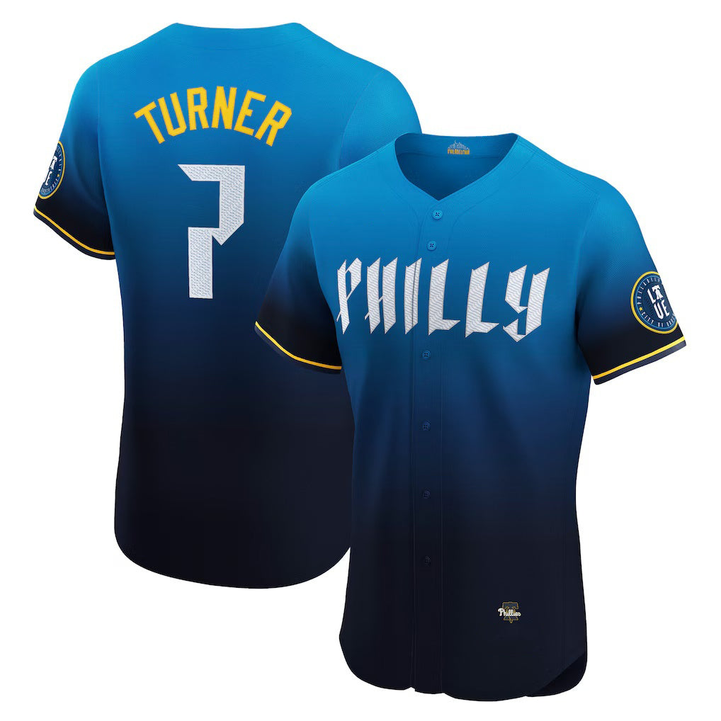 Philadelphia Phillies #7 Trea Turner Navy HOLBERT City Connect Elite Jersey