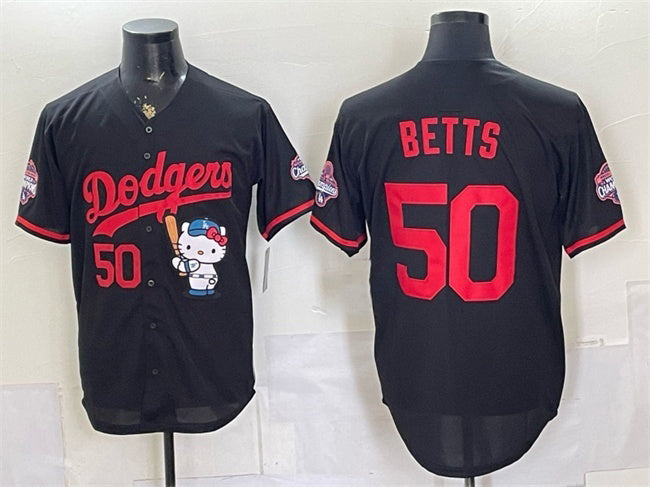 Los Angeles Dodgers #50 Mookie Betts Black HOLBERT Hello Kitty Night 2025 World Series Champions Patch Stitched Jersey