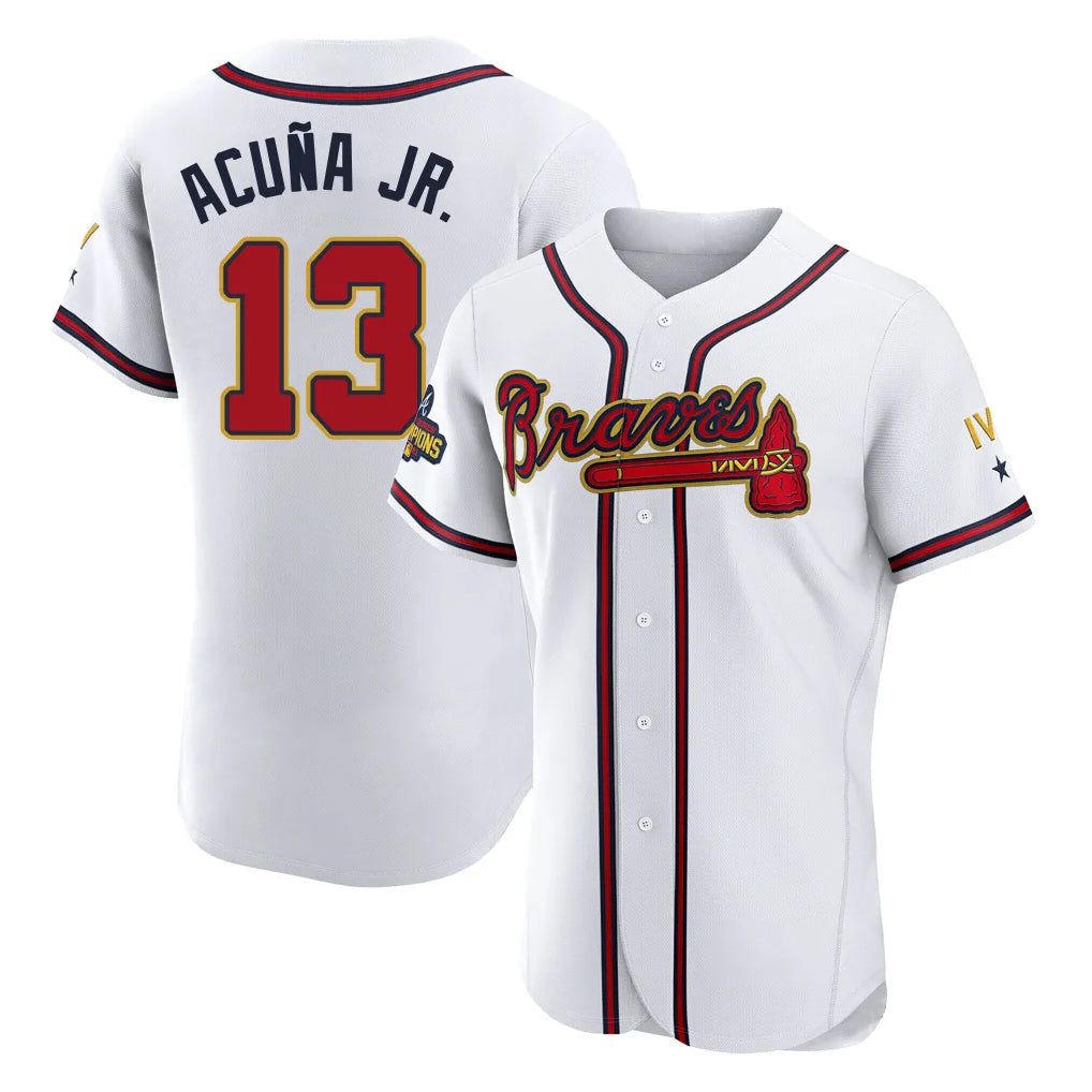 Atlanta Braves #13 Ronald Acuna Jr Player White Gold HOLBERT Limited Elite Home Game Stitched Jerseys
