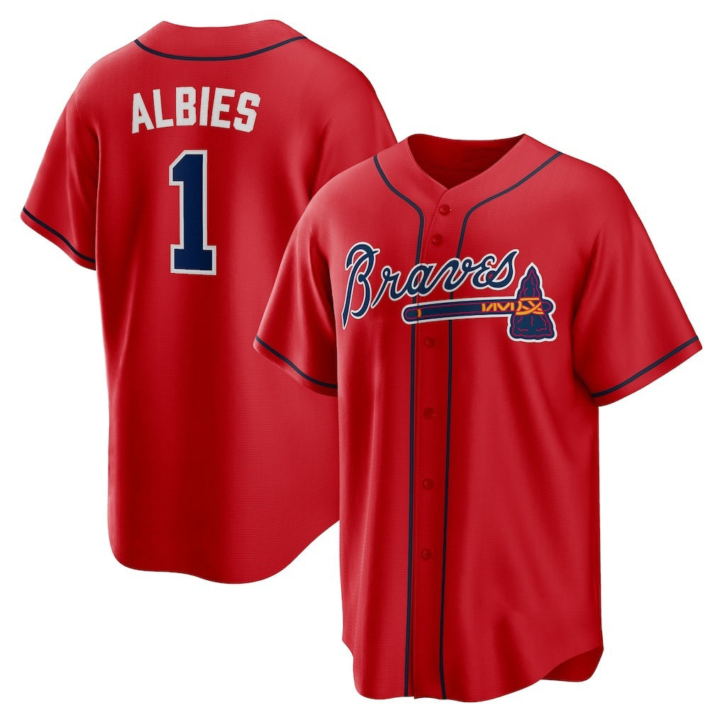 Atlanta Braves #1 Ozzie Albies Red HOLBERT Alternate 2 Replica Jersey