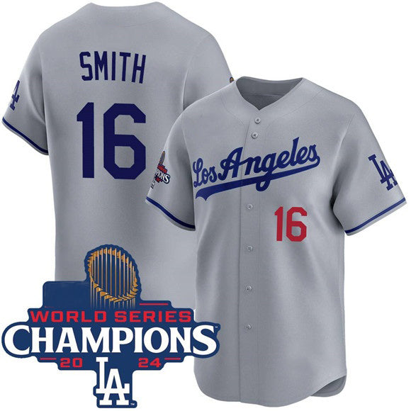 Los Angeles Dodgers #16 Will Smith Gray HOLBERT 2024 World Series Champions Patch Limited Stitched Jersey