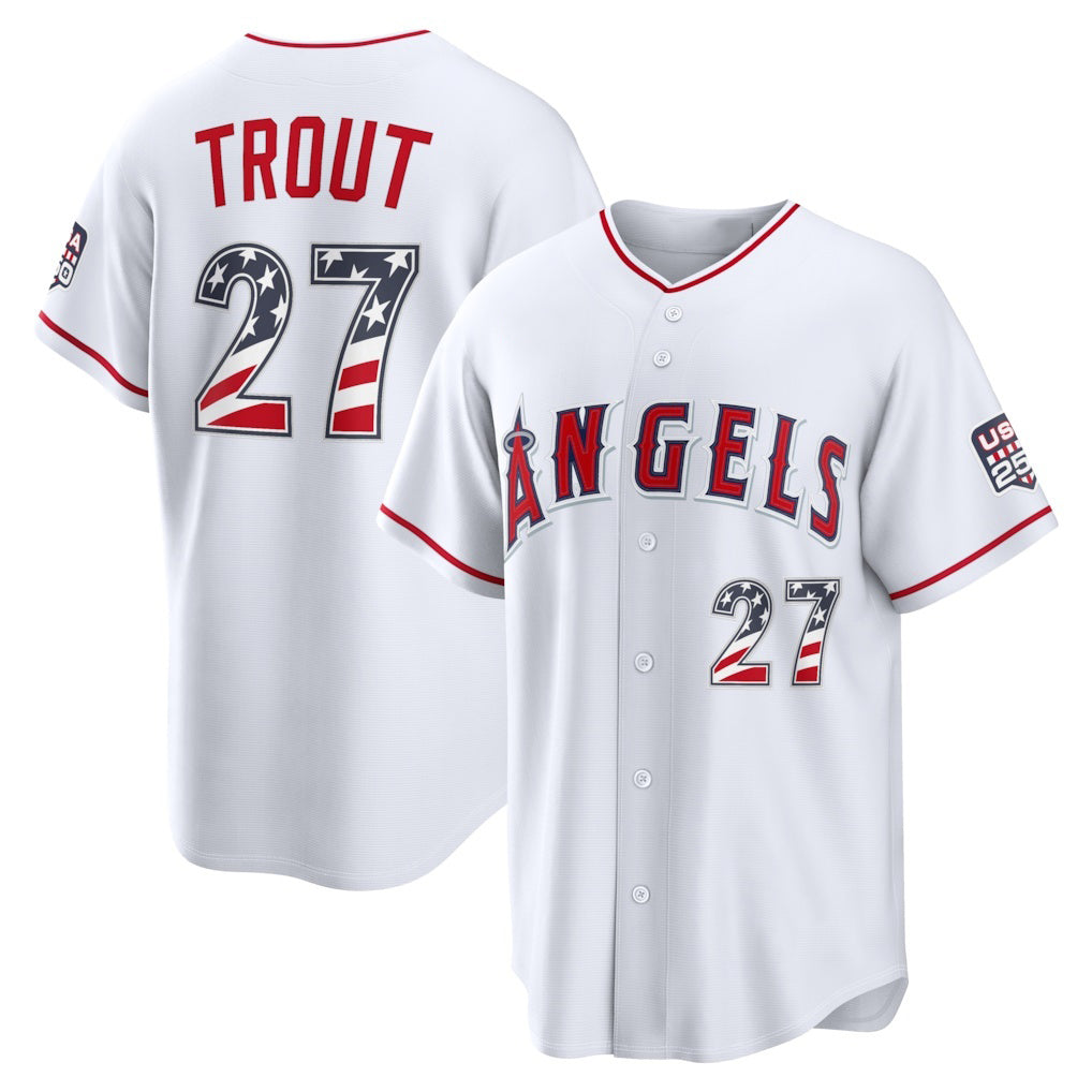 Los Angeles Angels #27 Mike Trout White HOLBERT USA 250 Fourth of July Home Stadium Jersey