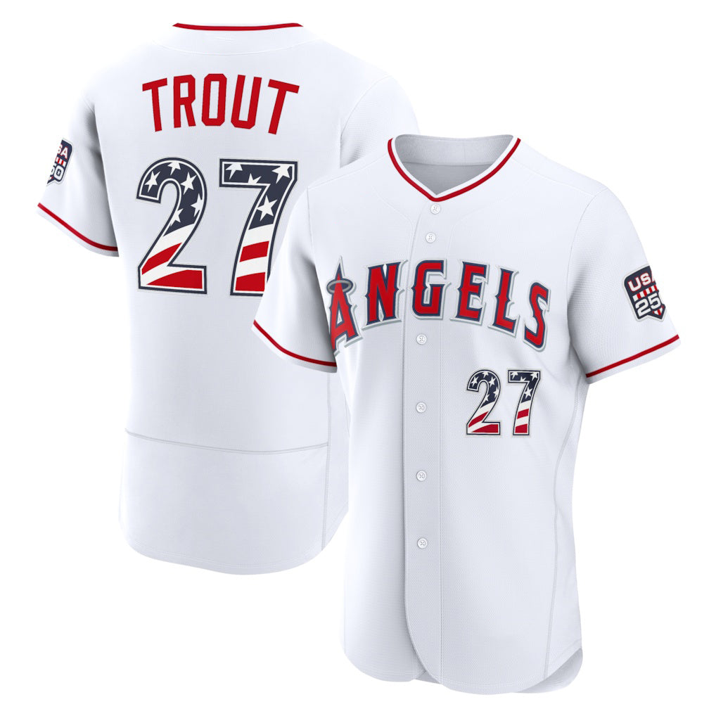 Los Angeles Angels #27 Mike Trout USA 250 Fourth of July Home Authentic Jersey - White HOLBERT