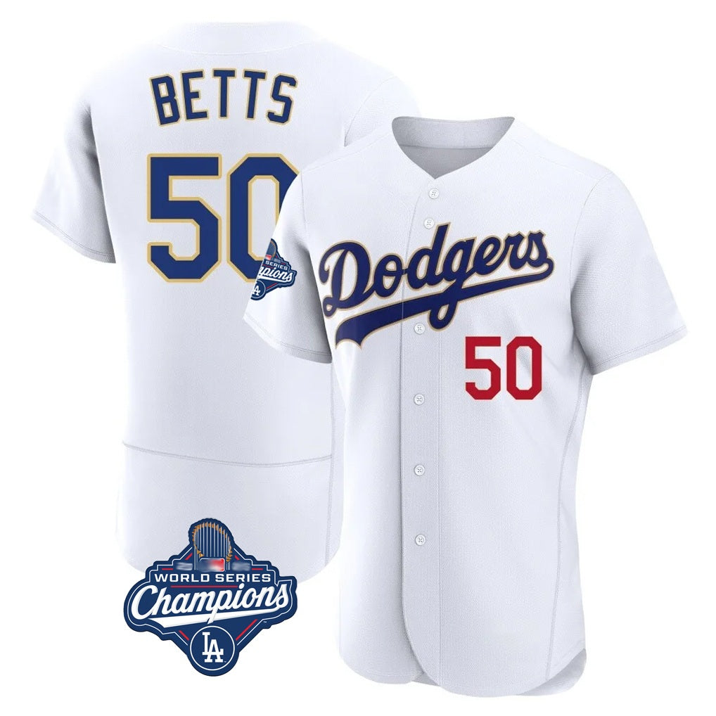 Los Angeles Dodgers #50 Mookie Betts Player Gold White HOLBERT World Series Meet 2026 Collection Stadium Limited Elite Stitched Jerseys