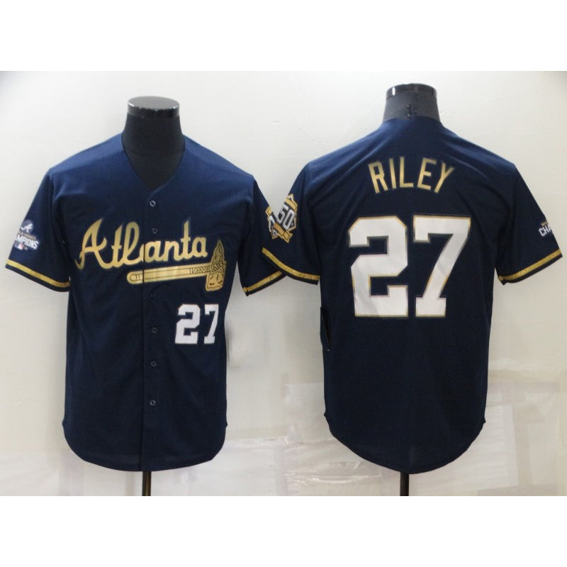 Atlanta Braves #27 Austin Riley 2022 Navy Blue HOLBERT 2021 World Series Champions Golden Edition Stitched Cool Base Jersey