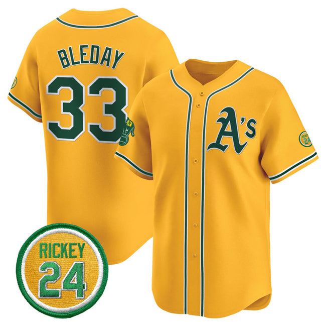 Oakland Athletics #33 JJ Bleday Yellow HOLBERT 2024 Limited With Rickey Henderson Patch Stitched Jersey