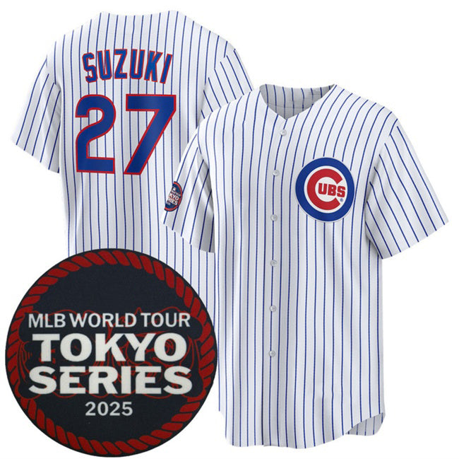 Chicago Cubs #27 Seiya Suzuki White HOLBERT 2025 World Tour Tokyo Series Home Stitched Jersey