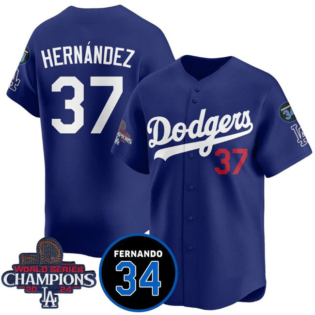 Los Angeles Dodgers #37 Teoscar Hernandez Royal HOLBERT 2024 World Series Champions With Fernando Memorial Patch Vapor Premier Limited Stitched Jersey